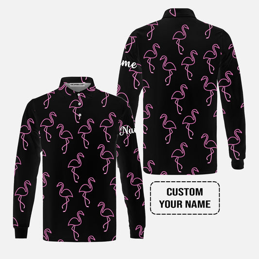 Flamingo Golf Men's Long Sleeve Polo Shirt - Custom Name Neon Pink Flamingos Pattern Apparel - Personalized Gift For Golf Lover, Team, Husband, Boyfriend, Men