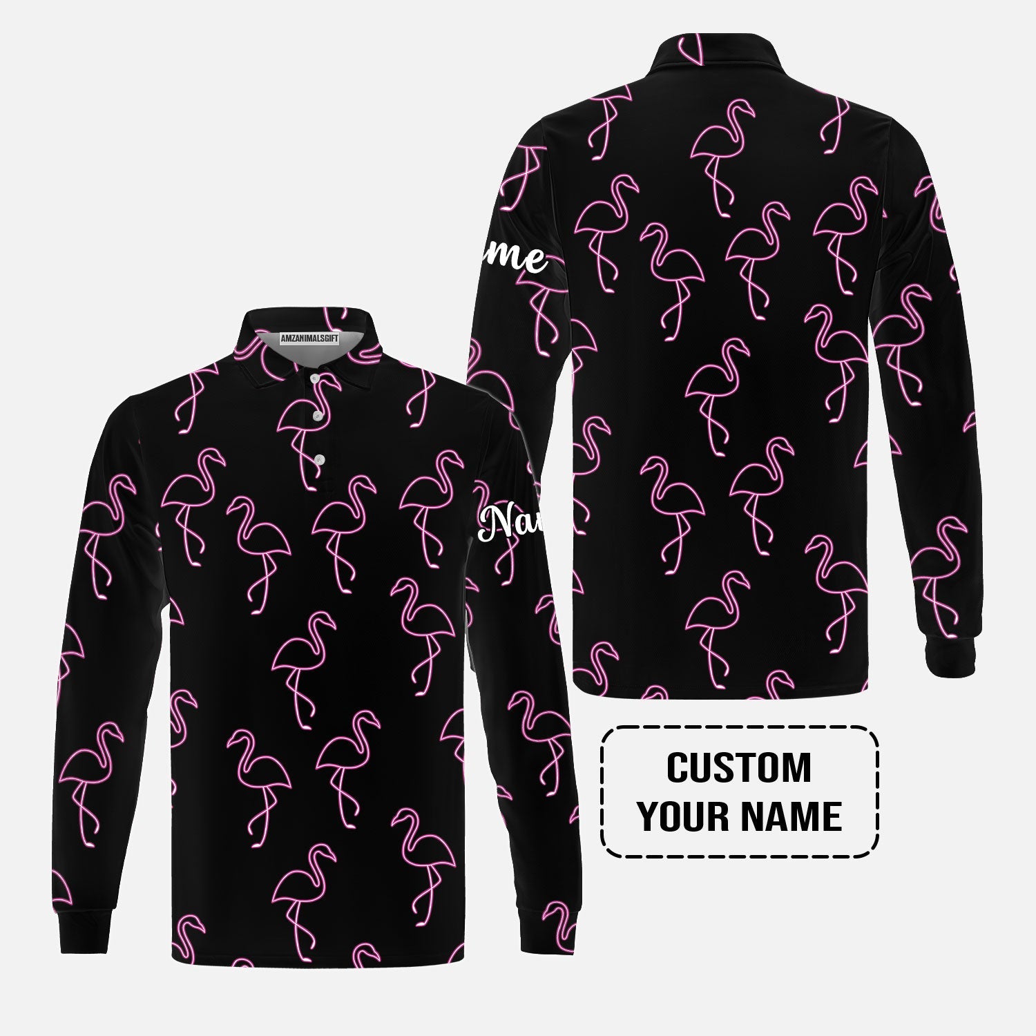 Flamingo Golf Men's Long Sleeve Polo Shirt - Custom Name Neon Pink Flamingos Pattern Apparel - Personalized Gift For Golf Lover, Team, Husband, Boyfriend, Men