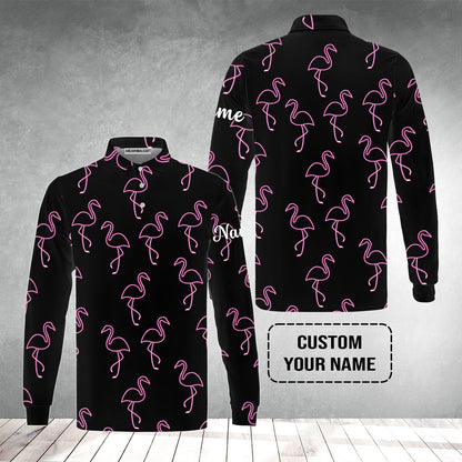 Flamingo Golf Men's Long Sleeve Polo Shirt - Custom Name Neon Pink Flamingos Pattern Apparel - Personalized Gift For Golf Lover, Team, Husband, Boyfriend, Men