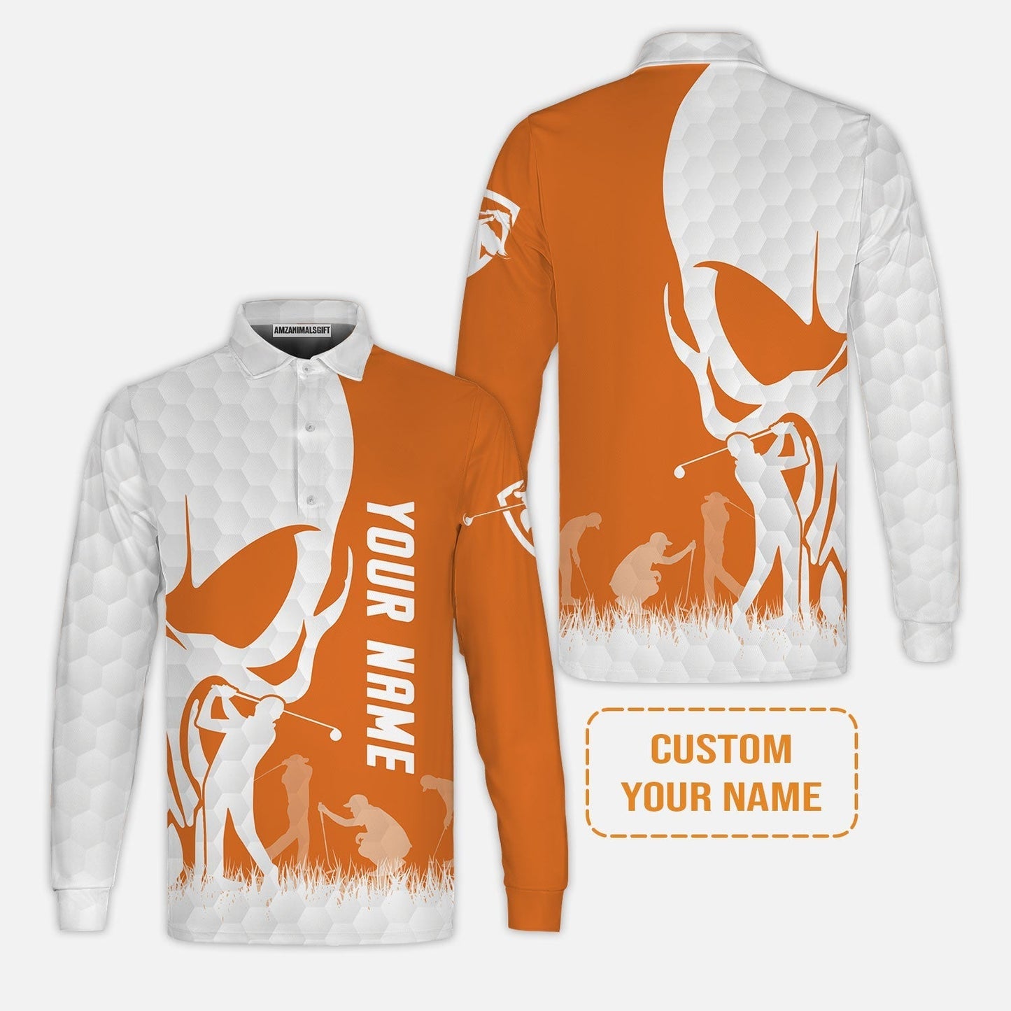 Golf Long Sleeve Shirt - Custom Name Skull White Golf Ball, Orange Apparel Long Sleeve Shirt - Personalized Gift For Golf Lover, Team, Husband, Boyfriend, Men
