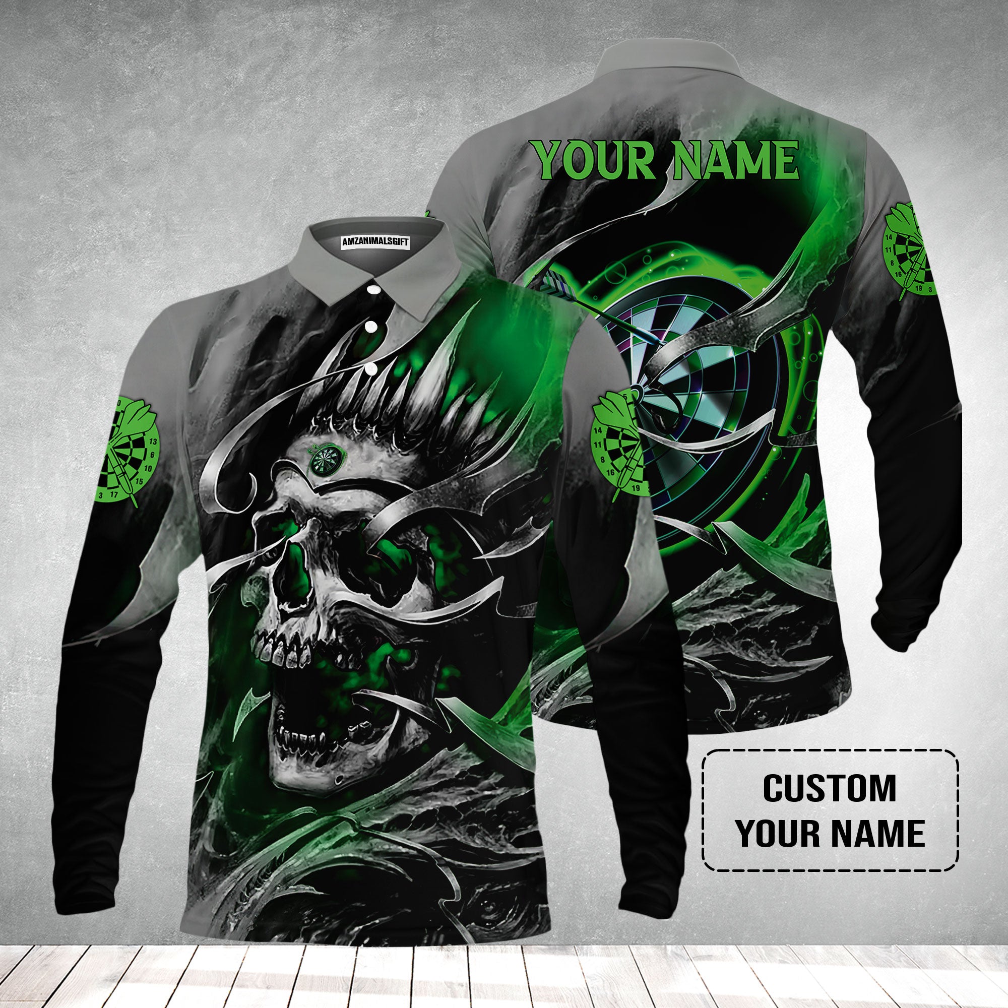 Darts Men's Long Sleeve Polo Shirt Custom Name - Green Skull Dartboard Personalized Long Sleeve Polo Shirt For Men