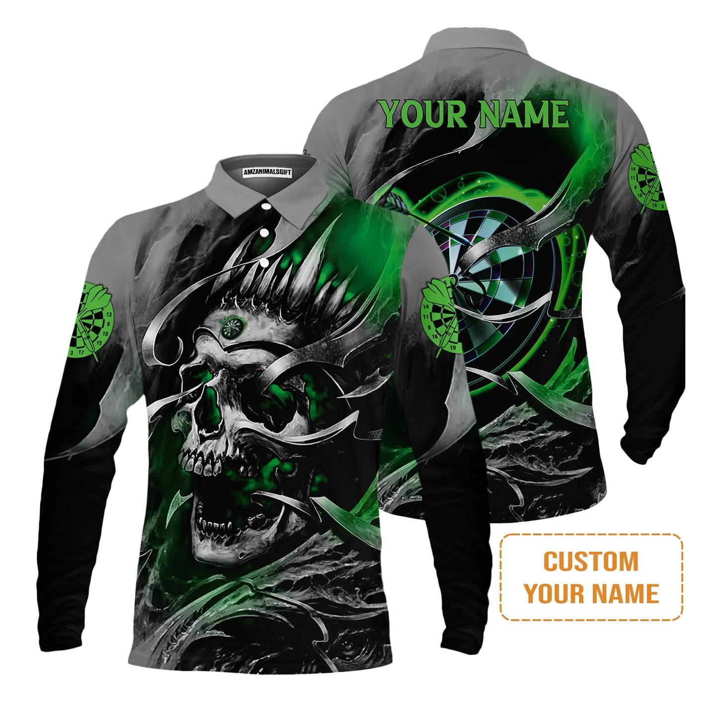 Darts Hoodie Custom Name - Green Skull Dartboard Personalized Hoodie For Men