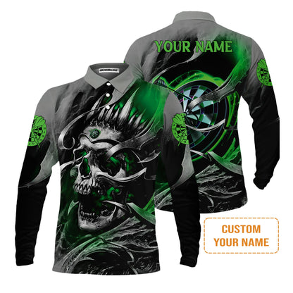 Darts Men's Long Sleeve Polo Shirt Custom Name - Green Skull Dartboard Personalized Long Sleeve Polo Shirt For Men