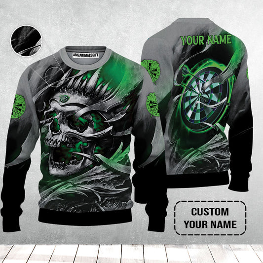 Darts Sweater Custom Name - Green Skull Dartboard Personalized Sweater For Men