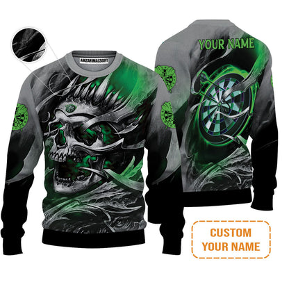 Darts Sweatshirt Custom Name - Green Skull Dartboard Personalized Sweatshirt For Men