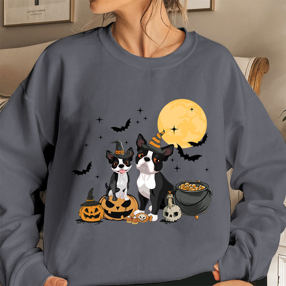 Boston Terrier Sweatshirt, Ghost And Witch Boston Terrier Moon Shirt, Boston Terrier Halloween Sweatshirt