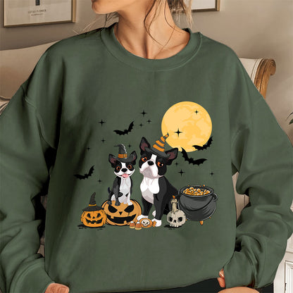 Boston Terrier Sweatshirt, Ghost And Witch Boston Terrier Moon Shirt, Boston Terrier Halloween Sweatshirt