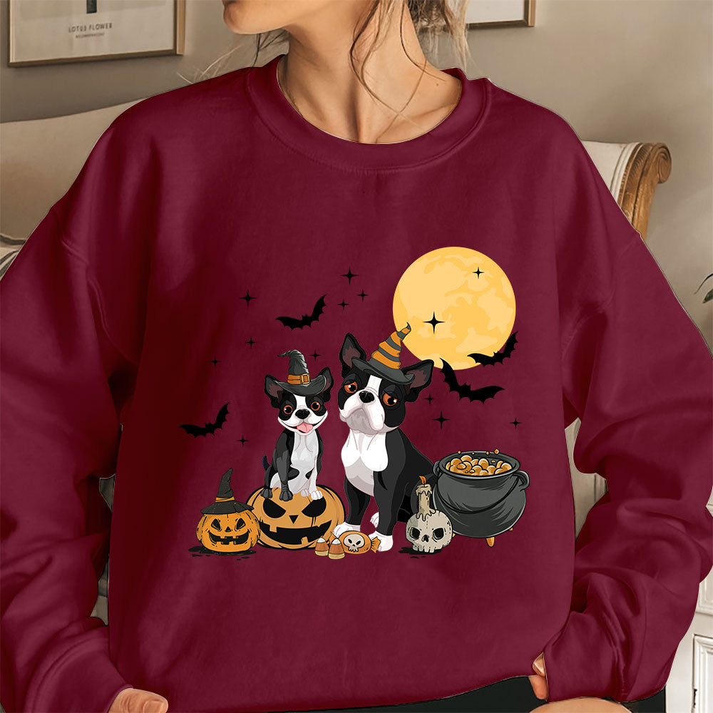 Boston Terrier Sweatshirt, Ghost And Witch Boston Terrier Moon Shirt, Boston Terrier Halloween Sweatshirt