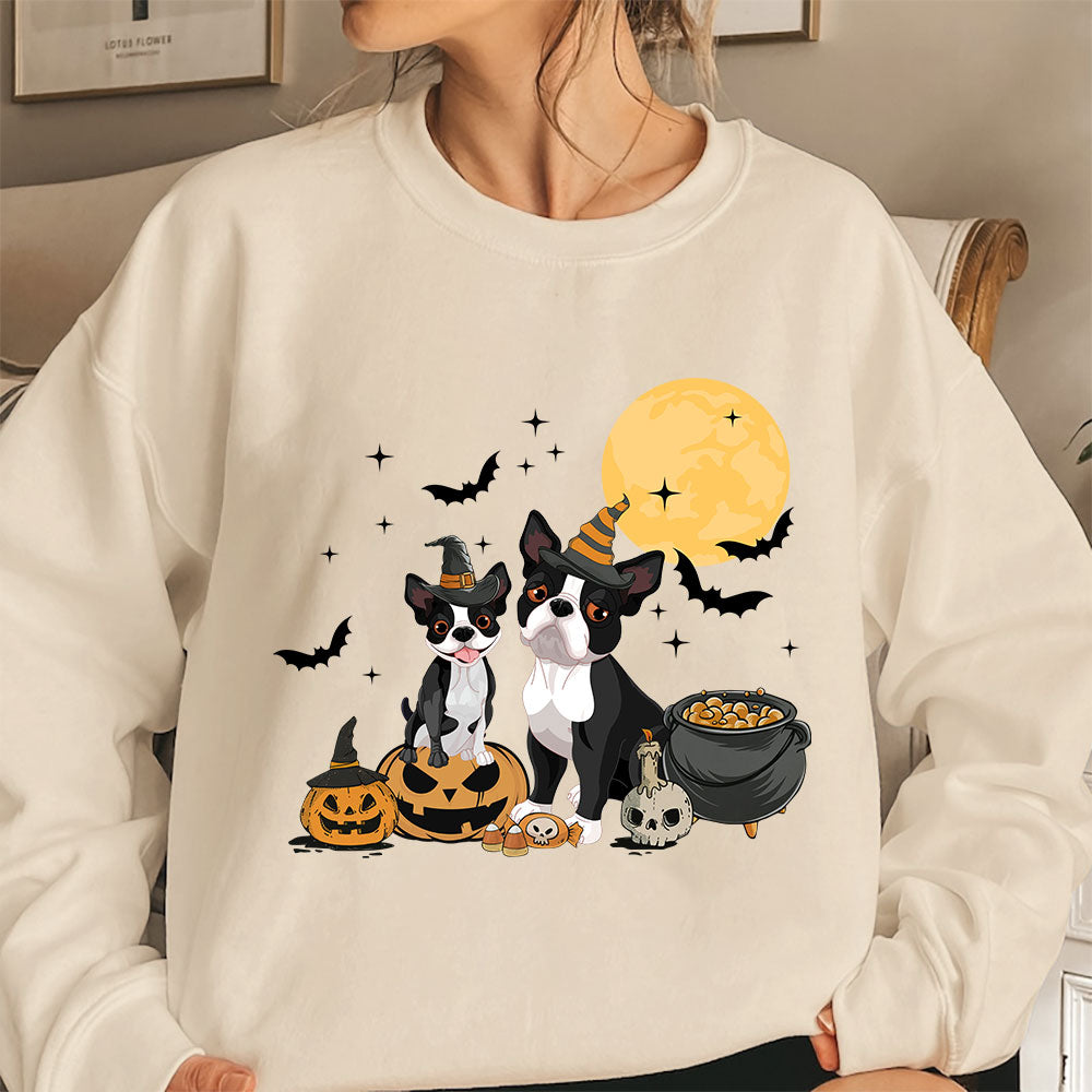 Boston Terrier Sweatshirt, Ghost And Witch Boston Terrier Moon Shirt, Boston Terrier Halloween Sweatshirt