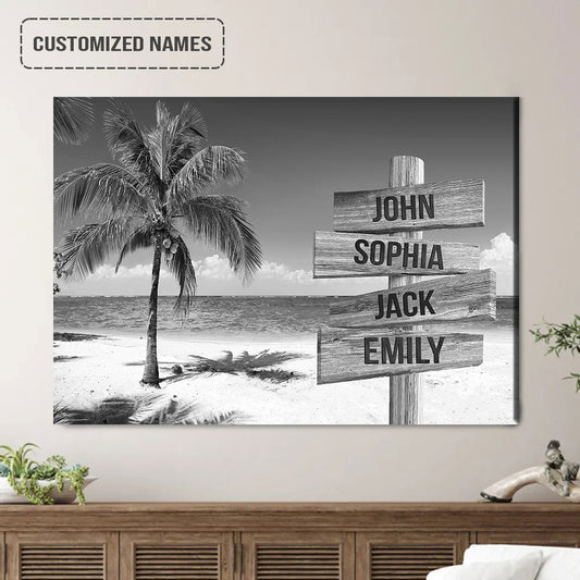 Personalized Family Member Names Black And White Wall Art, Sea Breeze Wooden Name Signs Landscape Canvas Home Decor