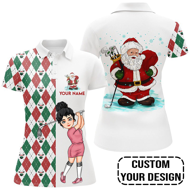 Golf Custom Women Polo Shirt, Argyle Pattern Christmas Personalized Women Polo Shirt
