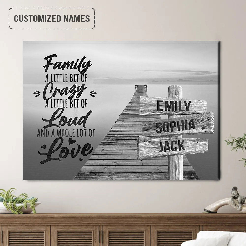 Personalized Family Member Names Black And White Wall Art, Family Loud Love Beach Pier Wooden Signs Landscape Canvas Art