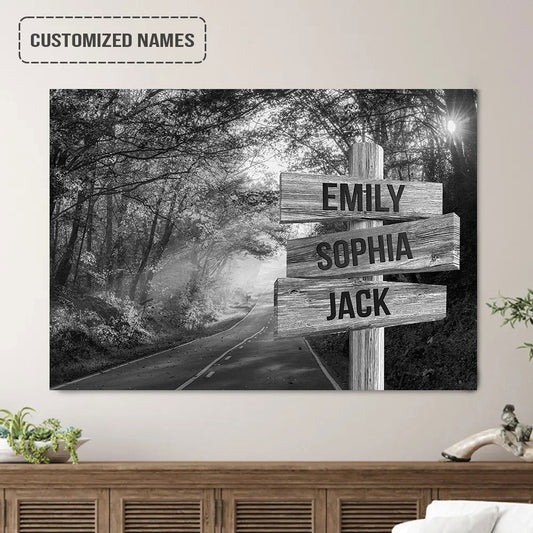 Personalized Family Member Names Black And White Wall Art, Autumn Road Wooden Name Signs Landscape Canvas Home Decor