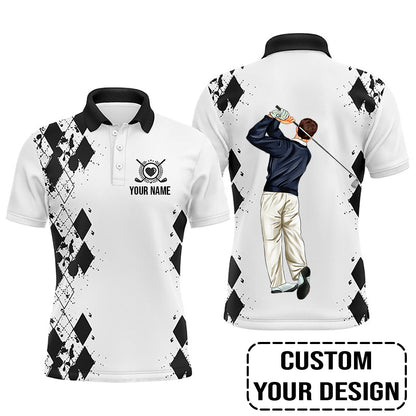 Golf Custom Polo Shirt, Black White Personalized  Golf Polo Shirt