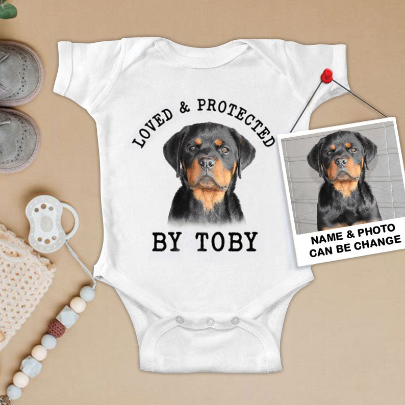 Custom Rottweiler Baby Onesies, Loved & Protected By Custom Dog Newborn Onesies, Personalized Onesies - Perfect Gift For Baby, Baby Gift Onesie