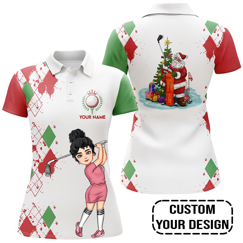 Golf Custom Women Polo Shirt, Argyle Pattern Christmas Golf Queen Personalized Women Polo Shirt
