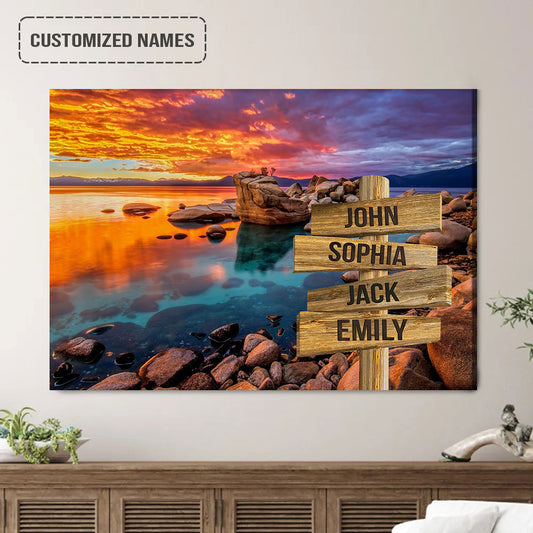 Personalized Family Street Sign Wall Art Canvas Multi-Names, Sunset On Beach Rock Landscape Canvas Poster Home Decor