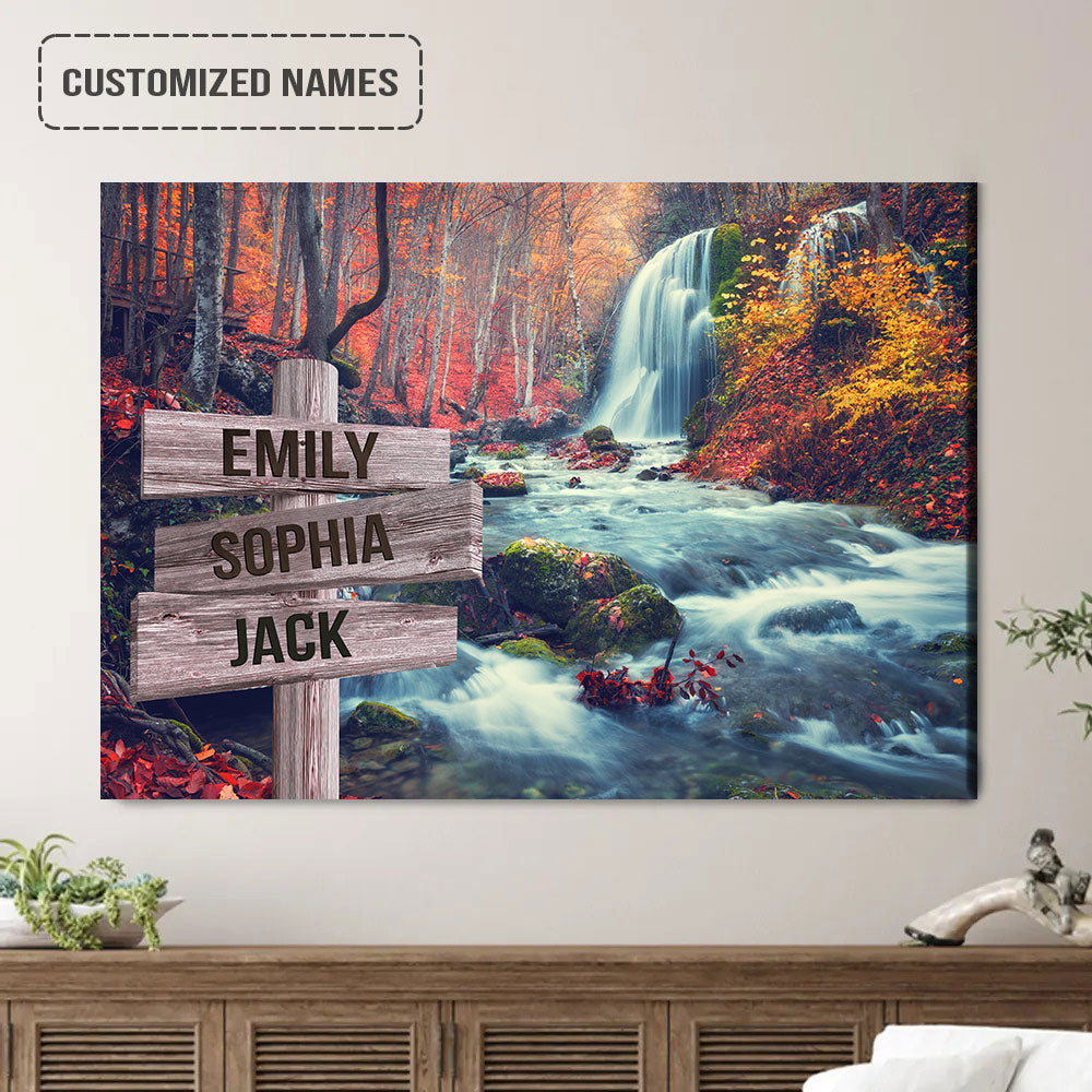 Personalized Family Street Sign Wall Art Canvas Multi-Names, Waterfall Mountain Autumn Forest Landscape Canvas Poster