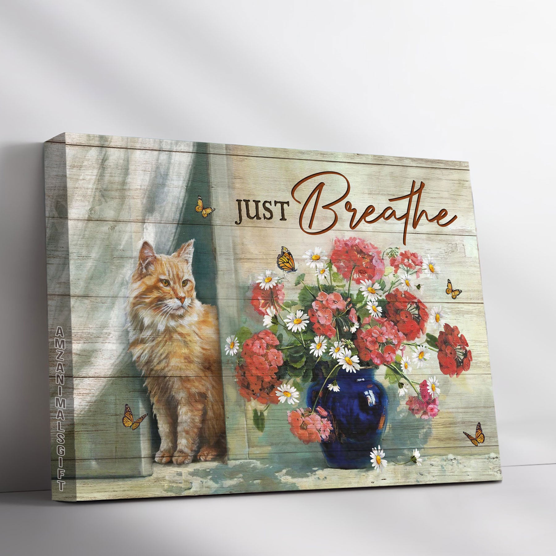 Cat & Jesus Premium Wrapped Landscape Canvas - Stunning flower painting, Monarch butterfly, Adorable Maine Coon, Just breathe - Gift For Christian