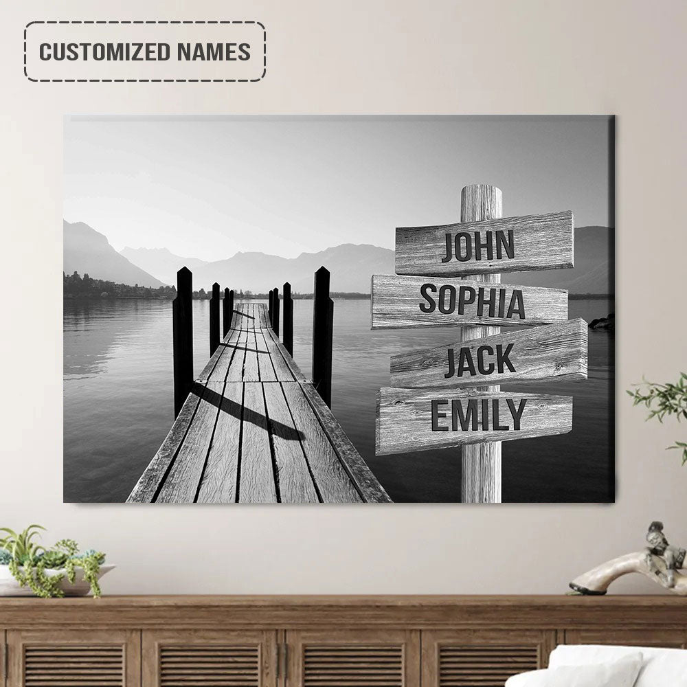 Personalized Family Member Names Black And White Wall Art, Boardwalk On Lake Wooden Name Signs Landscape Canvas