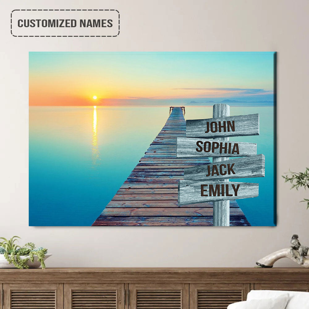 Family Street Sign Wall Art Canvas Customized Multi-Names, Sunrise On Beach Ocean Dock Landscape Canvas Poster Decor