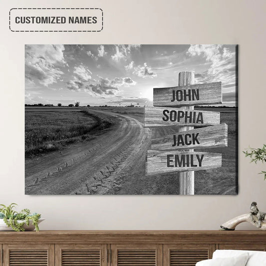 Family Street Sign Wall Art Canvas Customized Multi-Names, Dirt Road And Sunset Landscape Canvas Poster Home Decor