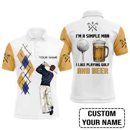 Golf Custom Polo Shirt, I'm A Simple Man Beer Argyle Pattern Personalized Golf Polo Shirt