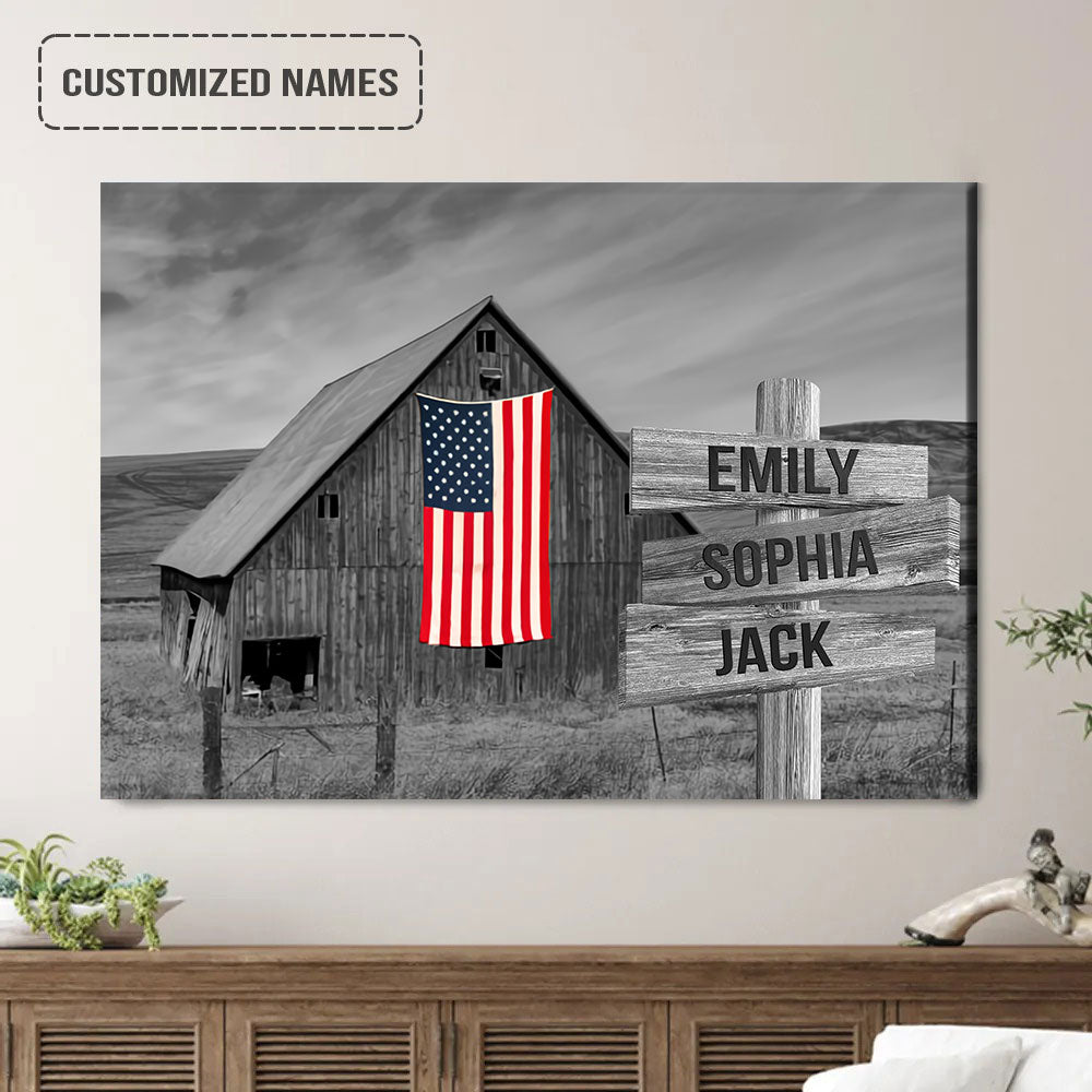 Personalized Family Member Names Black And White Wall Art, American Barn Wooden Name Signs Landscape Canvas Poster Decor