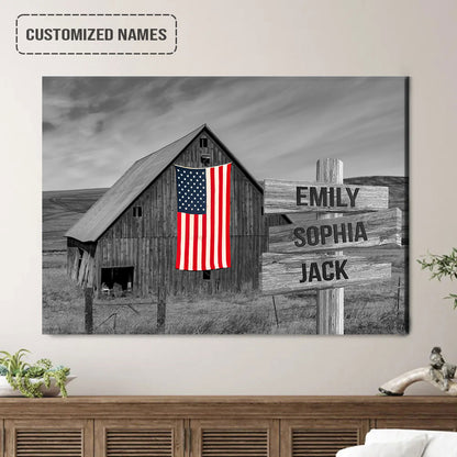 Personalized Family Member Names Black And White Wall Art, American Barn Wooden Name Signs Landscape Canvas Poster Decor