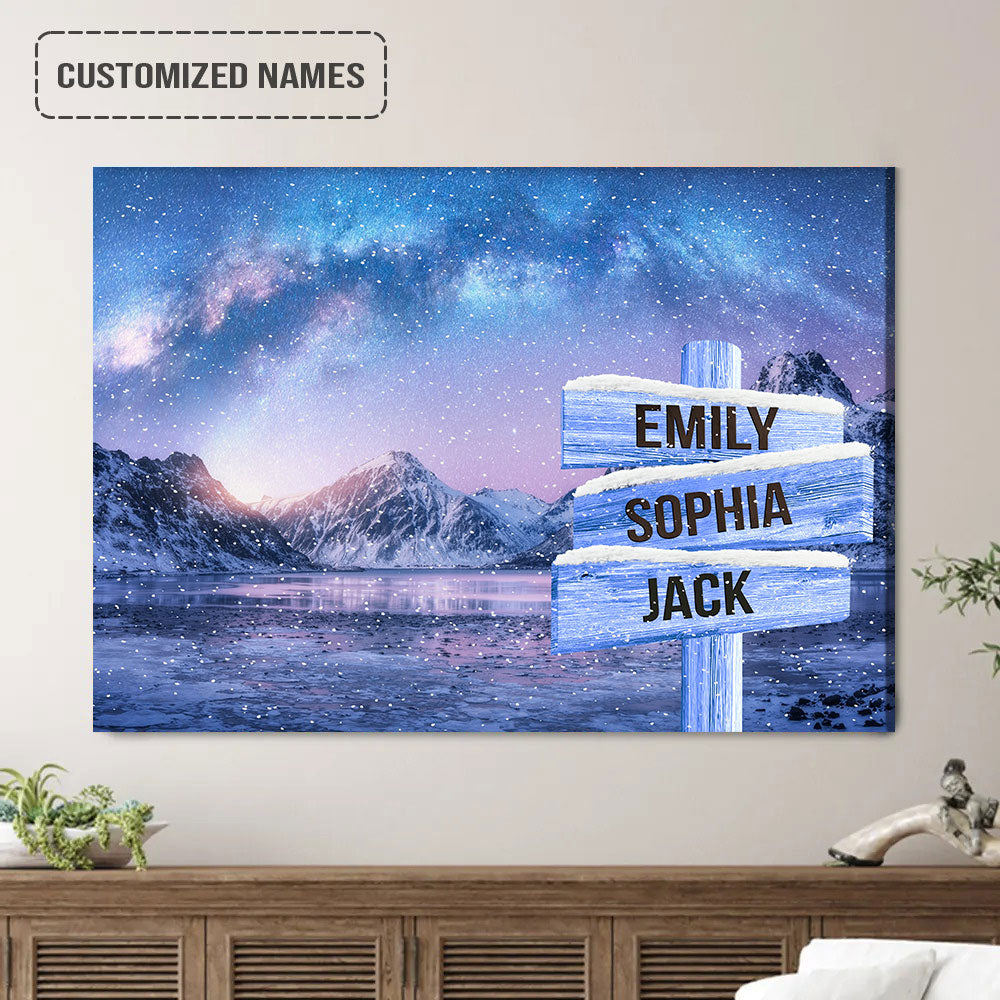 Personalized Family Street Sign Wall Art Canvas Multi-Names, Milky Way Above Sea And Mountain Landscape Canvas Poster