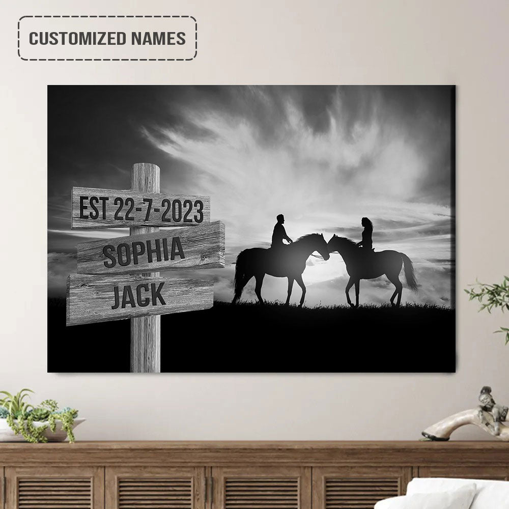 Personalized Couples Wedding Anniversary Street Sign Wall Art, Couple Horse Horizon Black And White Landscape Canvas