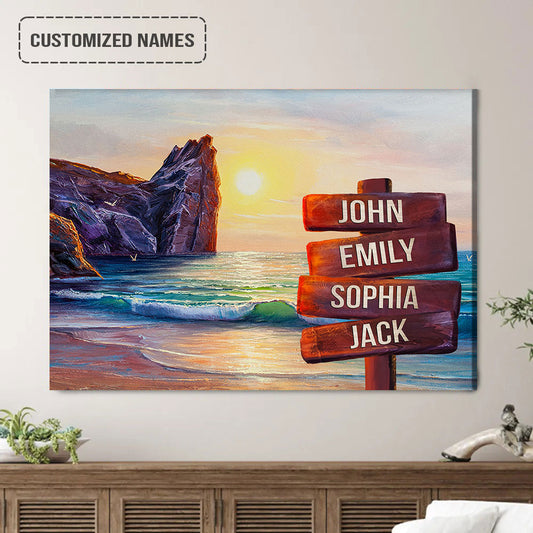 Personalized Family Street Sign Wall Art Canvas Multi-Names, Beach Oil Painting Landscape Canvas Poster Home Decor