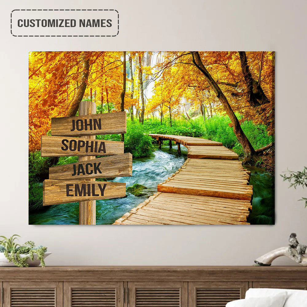 Personalized Family Street Sign Wall Art Canvas Multi-Names, Wooden Path Trail Autumn Landscape Canvas Poster Home Decor