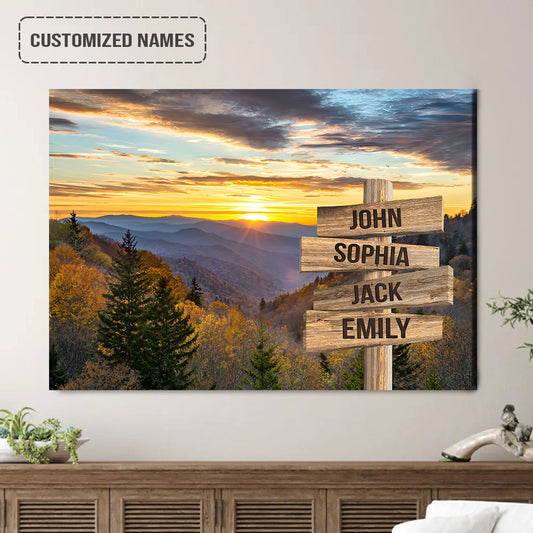 Family Street Sign Wall Art Customized Multi-Names, Sunrise At The Great Smoky Mountains Landscape Canvas Home Decor