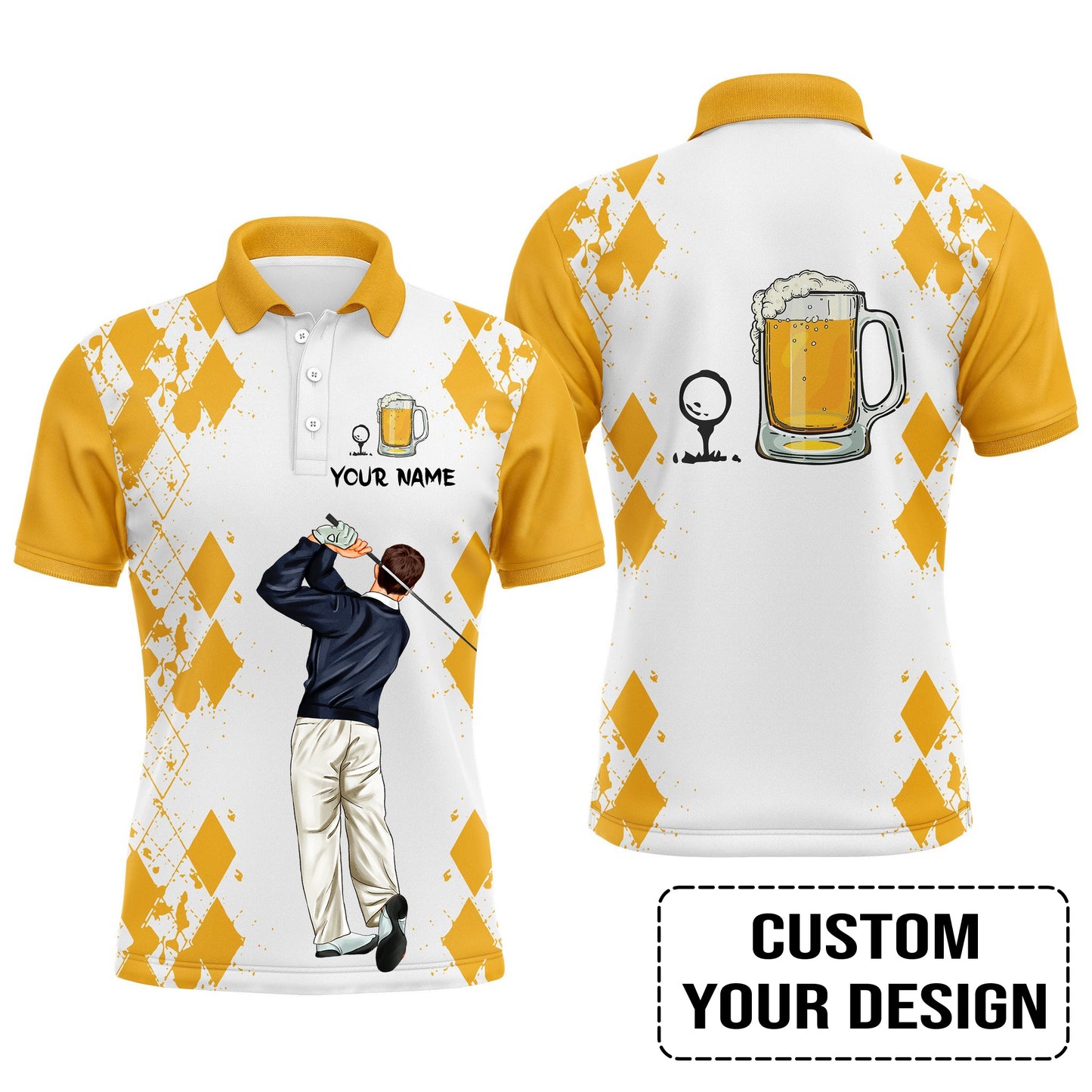 Golf Custom Polo Shirt, Argyle Pattern Beer Golf Personalized Golf Polo Shirt