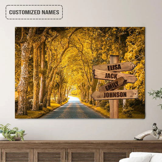 Personalized Family Names Sign Wall Art Canvas Hanging, Autumn Yellow Road Landscape Canvas Poster Perfect Home Decor