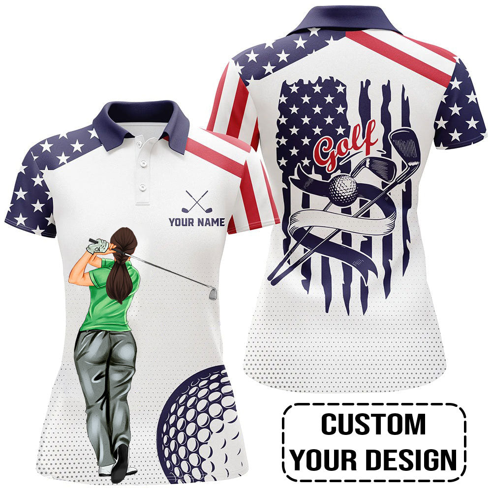 Golf Custom Women Polo Shirt, American Flag, US Flag Golf Personalized Women Polo Shirt
