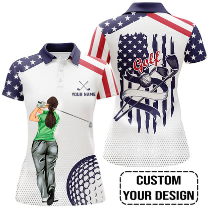 Golf Custom Women Polo Shirt, American Flag, US Flag Golf Personalized Women Polo Shirt