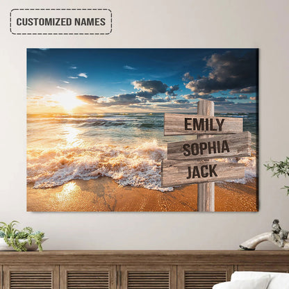 Personalized Family Member Names Wall Art, Sunset At The Beach Ocean Wooden Name Signs Landscape Canvas Poster Decor