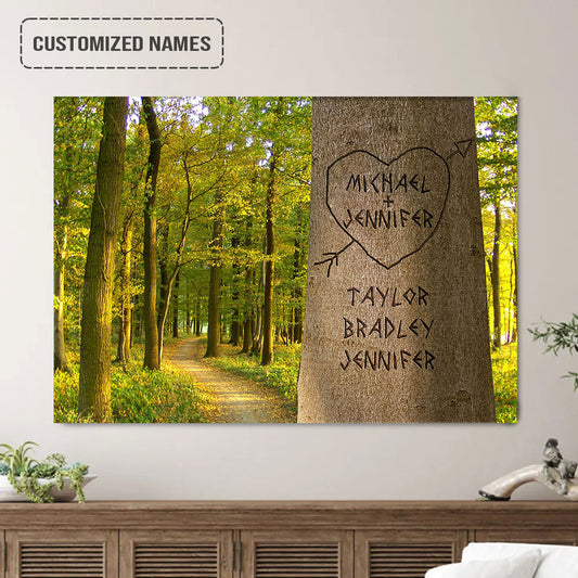 Personalized Family Engraved Names On Trees Wall Art Canvas, Tree In The Forest Landscape Canvas Poster Home Decor