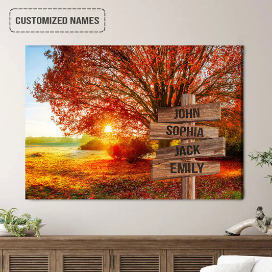 Personalized Family Names Sign Wall Art Canvas Hanging, Autumn Big Oak Landscape Canvas Poster Perfect For Home Decor