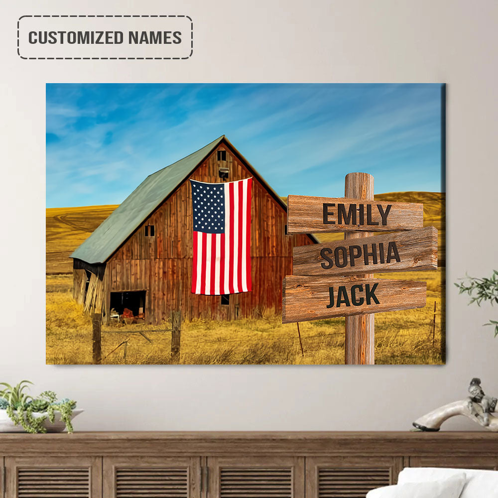 Family Street Sign Wall Art Canvas Customized Multi-Names, Old Barn And American Flag Landscape Canvas Poster Home Decor