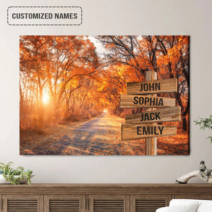 Personalized Family Street Sign Wall Art Canvas Multi-Names, Autumn Road Landscape Canvas Poster Home Decor