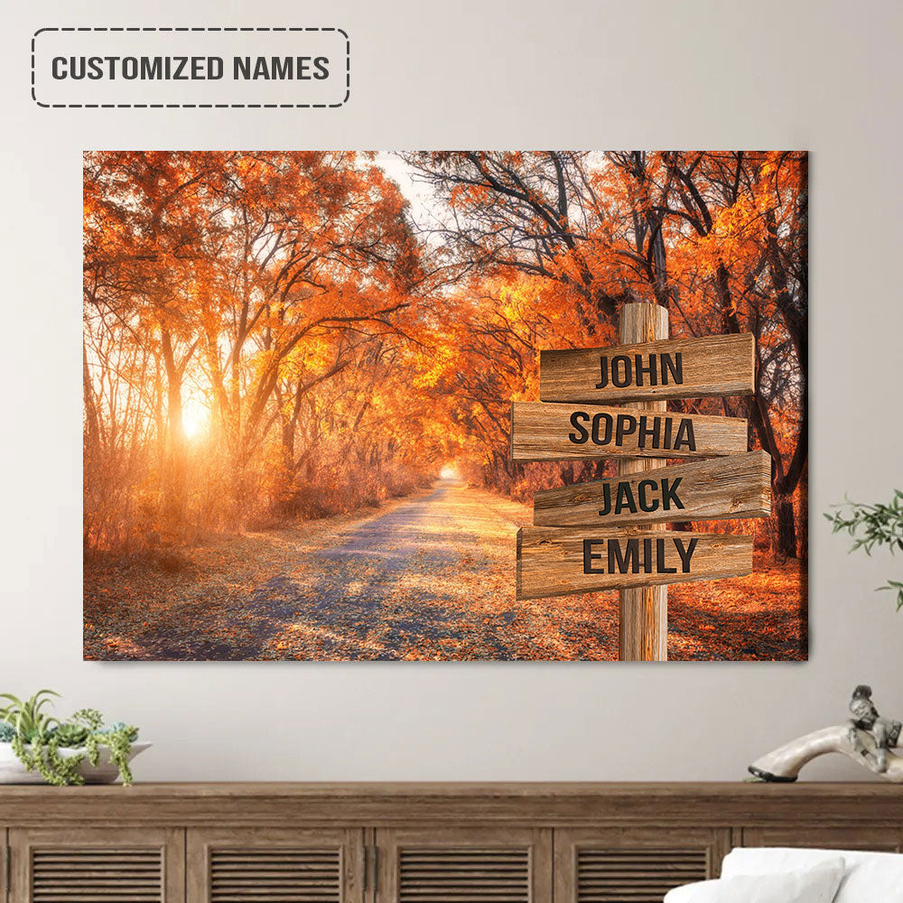 Personalized Family Street Sign Wall Art Canvas Multi-Names, Autumn Road Landscape Canvas Poster Home Decor