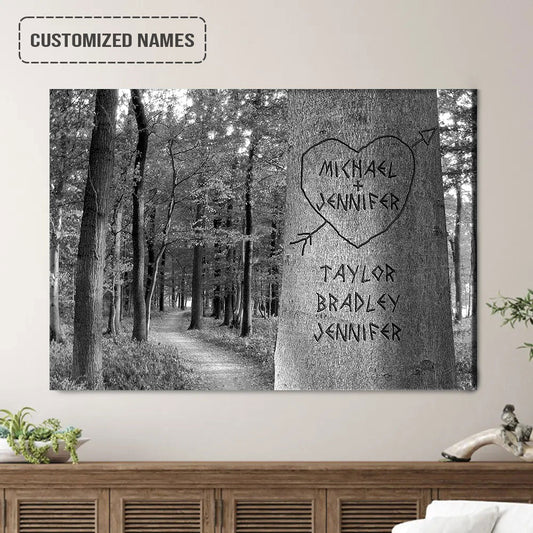 Personalized Family Engraved Names On Trees Black And White Wall Art, Tree In The Forest Landscape Canvas Poster Decor