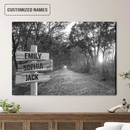 Personalized Family Street Sign Wall Art Canvas Multi-Names, Autumn Road Black And White Landscape Canvas Poster Decor