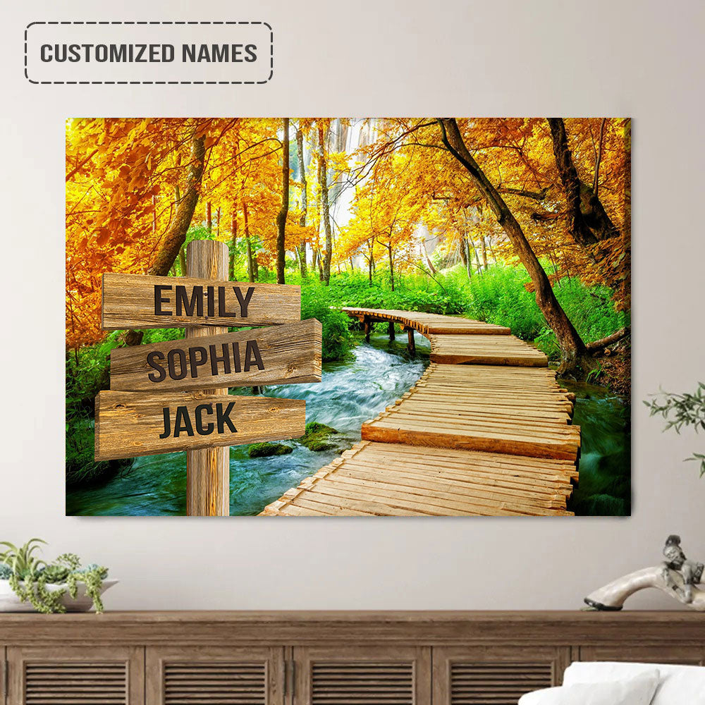 Personalized Family Street Sign Wall Art Canvas Multi-Names, Wooden Path Trail Autumn Landscape Canvas Poster Home Decor