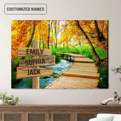 Personalized Family Street Sign Wall Art Canvas Multi-Names, Wooden Path Trail Autumn Landscape Canvas Poster Home Decor