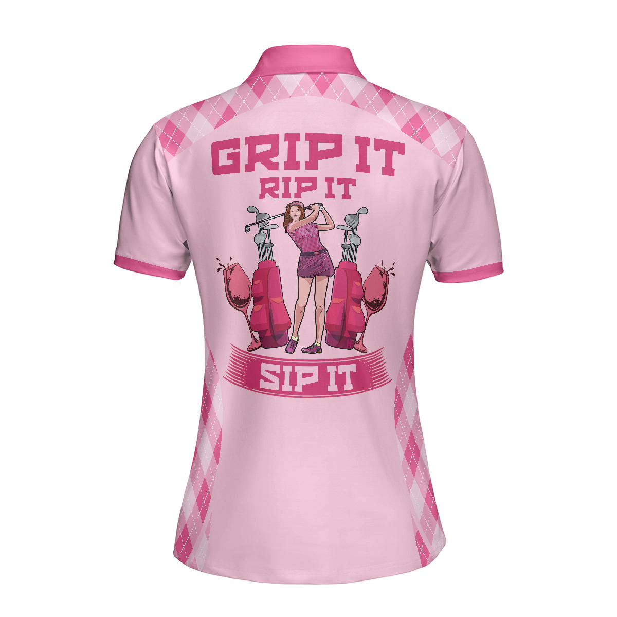 Golf Women Polo Shirt, Grip It Rip It Sip It, Pink Argyle Pattern Women Polo Shirts, Best Golfing Gift For Female Golfers, Ladies, Golf Lovers