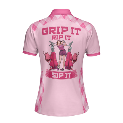 Golf Women Polo Shirt, Grip It Rip It Sip It, Pink Argyle Pattern Women Polo Shirts, Best Golfing Gift For Female Golfers, Ladies, Golf Lovers